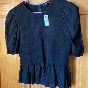 Black Linen-Blend Smocked Puff Sleeve Peplum Top